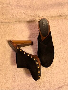 Miu Miu Black Suede Studded Mule Clogs with Wood Heel